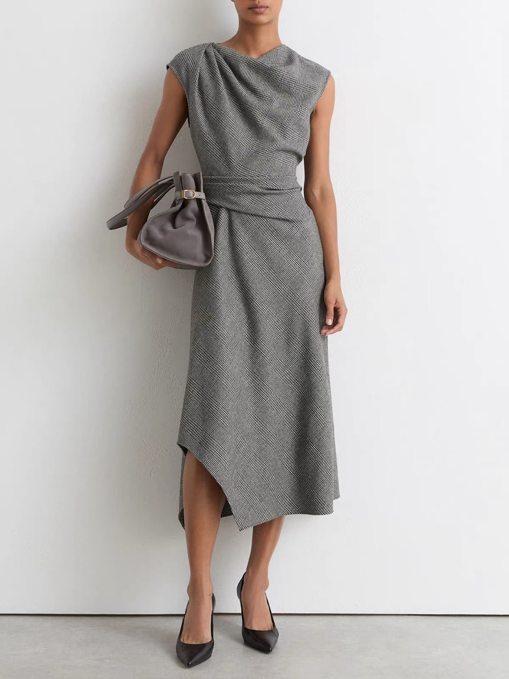 Reiss Grey Clara Petite Wool-Blend Check Tailored Midi Dress, 2 4 6 8